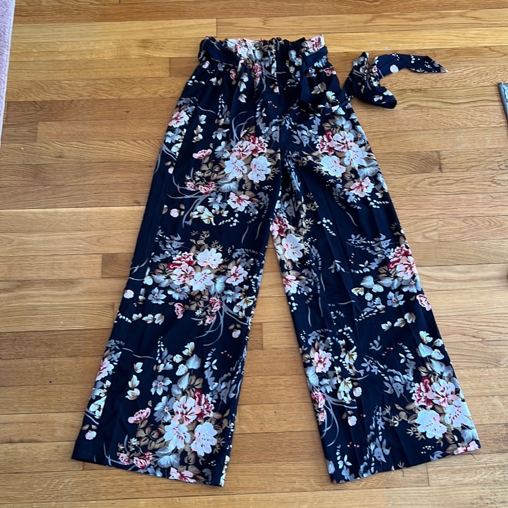 Navy Blue flowy pants (belt) with Pink floral design, XS, Barely worn, SHEIN